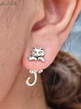 Pendientes vintage de plata con estampado de gato